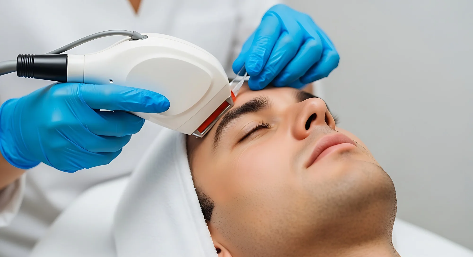 Man lying down while receiving a laser facial treatment on his forehead from a specialist in blue gloves